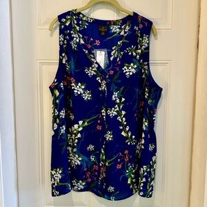 Worthington sleeveless chiffon tank top 1X Blue floral flowy v-neck buttonup